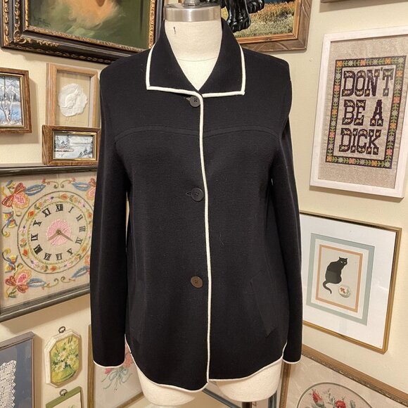 Talbots Black Cardigan Sweater Jacket With White Trim & Button Closure Size L - Picture 1 of 6